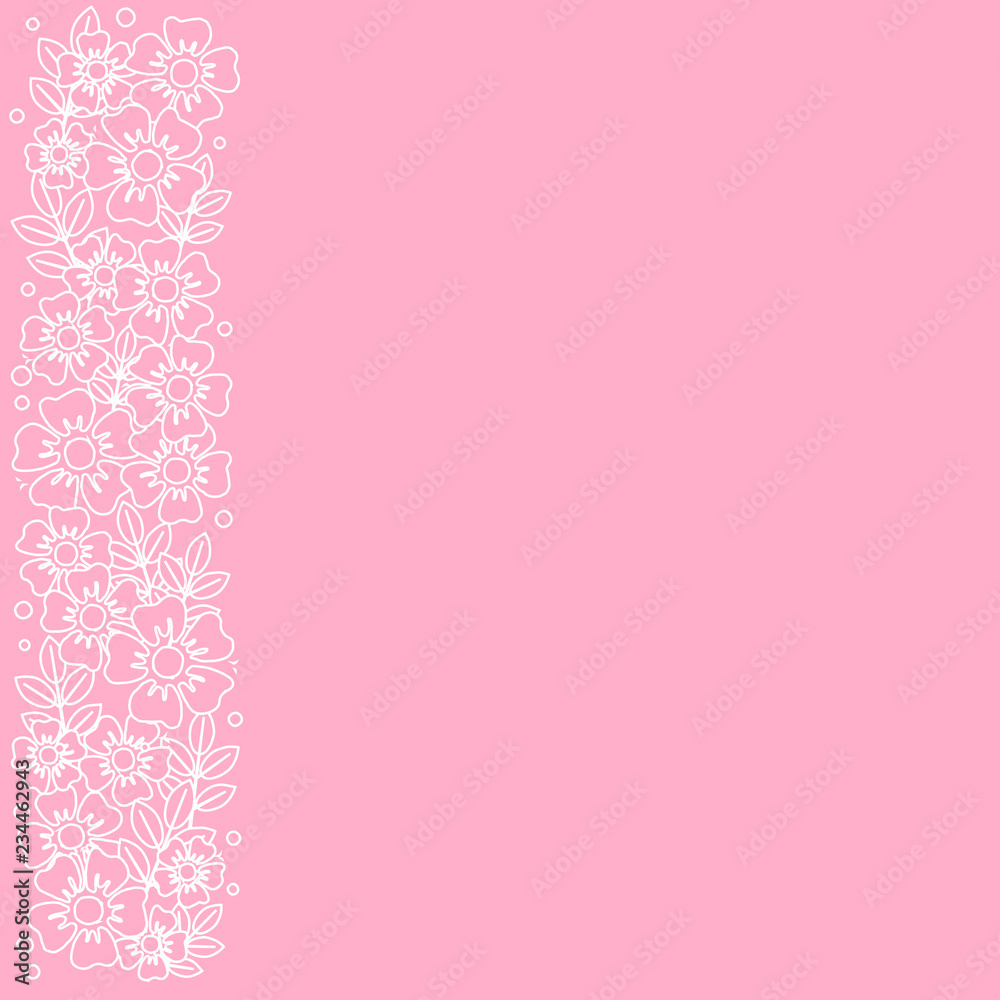 Pink background with stripe of white outline flowers and leaves on the left side for decoration, invitation or wedding, poster, valentines day, valentine, lettering or text, advertising, flower shop