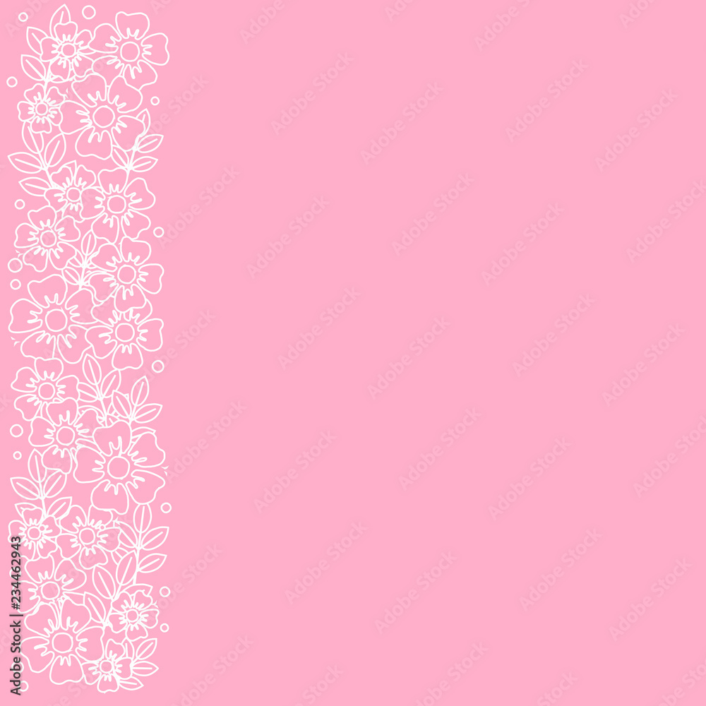 Pink background with stripe of white outline flowers and leaves on the left side for decoration, invitation or wedding, poster, valentines day, valentine, lettering or text, advertising, flower shop Pink background with stripe of white outline flowers and leaves on the left side for decoration, invitation or wedding, poster, valentines day, valentine, lettering or text, advertising, flower shop