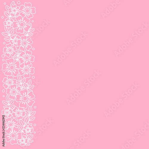 Pink background with stripe of white outline flowers and leaves on the left side for decoration, invitation or wedding, poster, valentines day, valentine, lettering or text, advertising, flower shop © Rezida