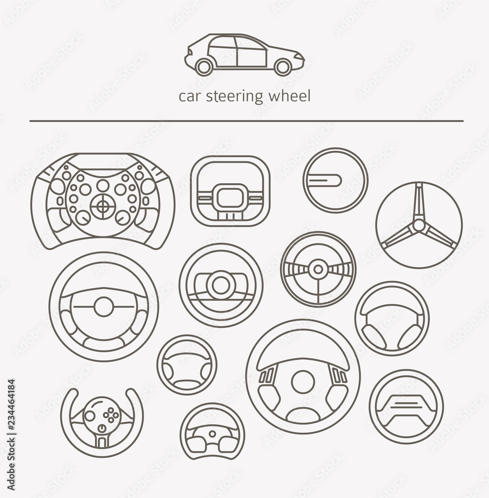 Equipment for transport driving logo set. Helmet, rudder, car steering wheels thin line icons Equipment for transport driving logo set. Helmet, rudder, car steering wheels thin line icons