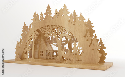 3d rendering wooden candle stand tradition new year's christmas tree house deer wood carving
