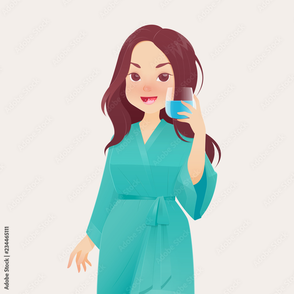 Illustration woman in green robe rinsing and gargling while using mouthwash from a glass. Illustration woman in green robe rinsing and gargling while using mouthwash from a glass.
