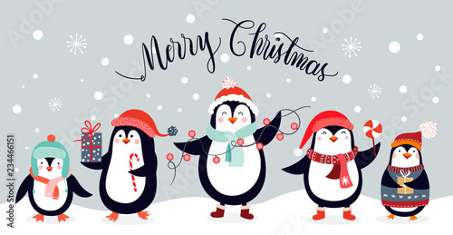 Christmas card design with cute penguins isolated on an winter background