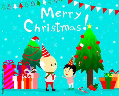 Merry christmas background with boy and oldman