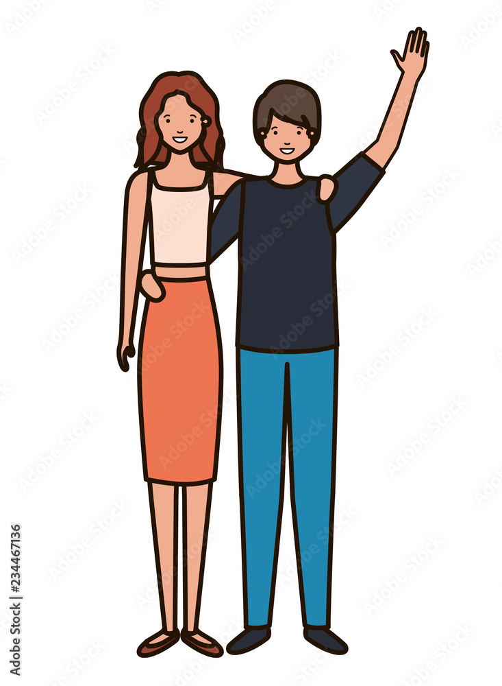 young couple with hands up avatar character