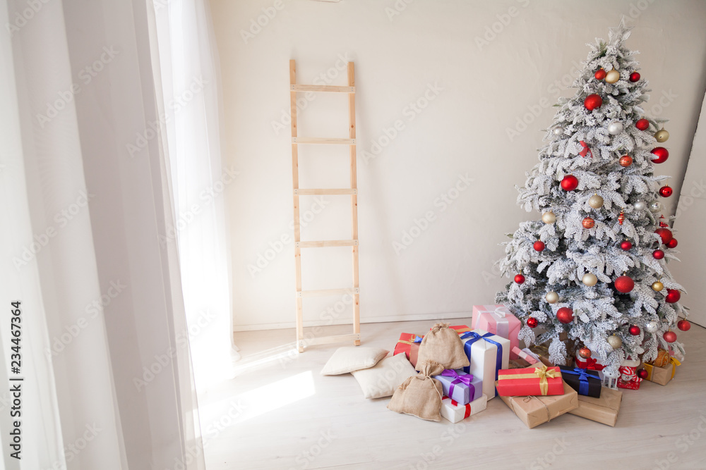 Christmas Interior white room greeting card new year tree gifts Christmas Interior white room greeting card new year tree gifts