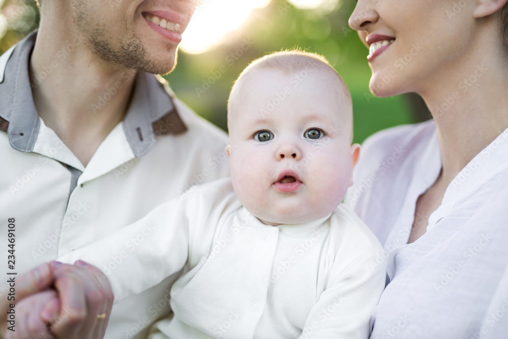 Portrait Beautiful Mother, Father And Baby outdoors. Happy family on a summer meadow Portrait Beautiful Mother, Father And Baby outdoors. Happy family on a summer meadow