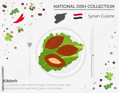 Syrian Cuisine. Middle East national dish collection.  Kibbeh isolated on white, infograpic