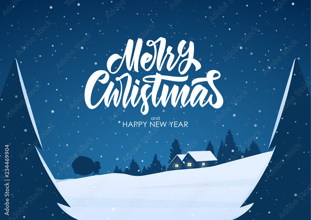 Greeting card with flat cartoon scene. Winter snowy landscape with cabin and Santa Claus. Merry Christmas. Greeting card with flat cartoon scene. Winter snowy landscape with cabin and Santa Claus. Merry Christmas.