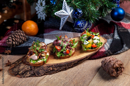  Bruschetta with cheese Myba bacon, meat, sauce, cherry tomatoes,  New Year's menu