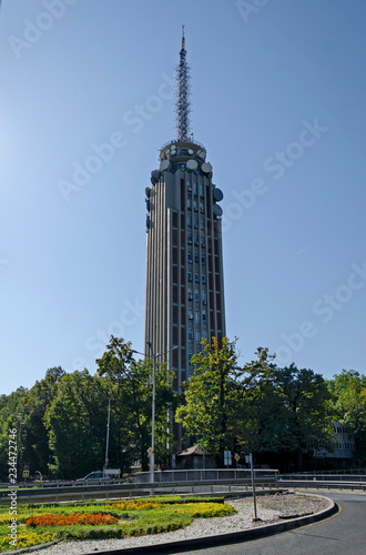 Cityscape of bulgarian capital city Sofia from the street with television tower, Bulgaria, Europe 