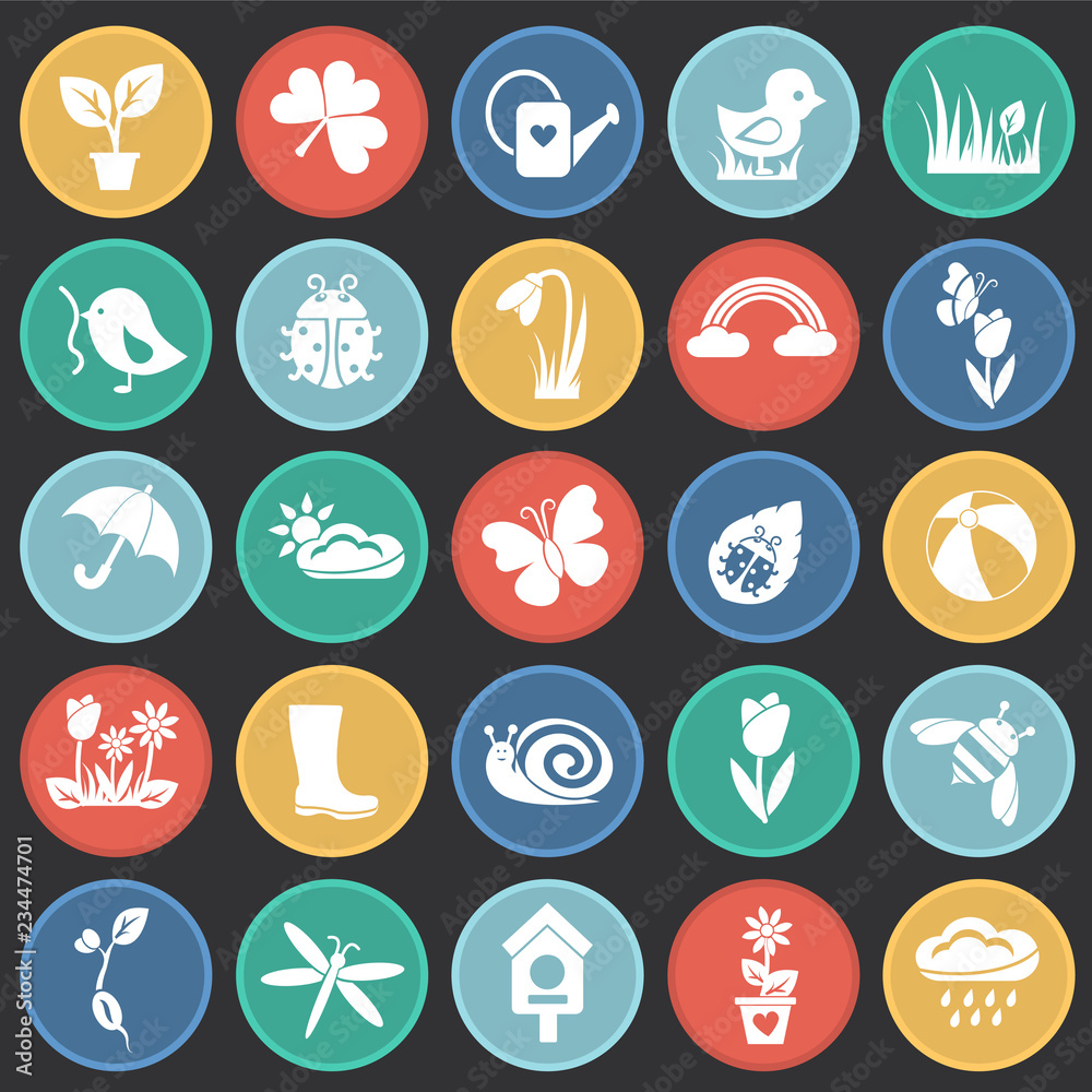 Spring set on color circles black background icons Spring set on color circles black background icons