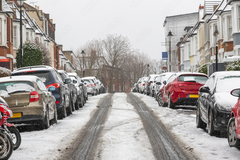 London street covered in winter snow
