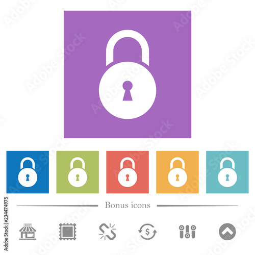 Locked round padlock with keyhole flat white icons in square backgrounds