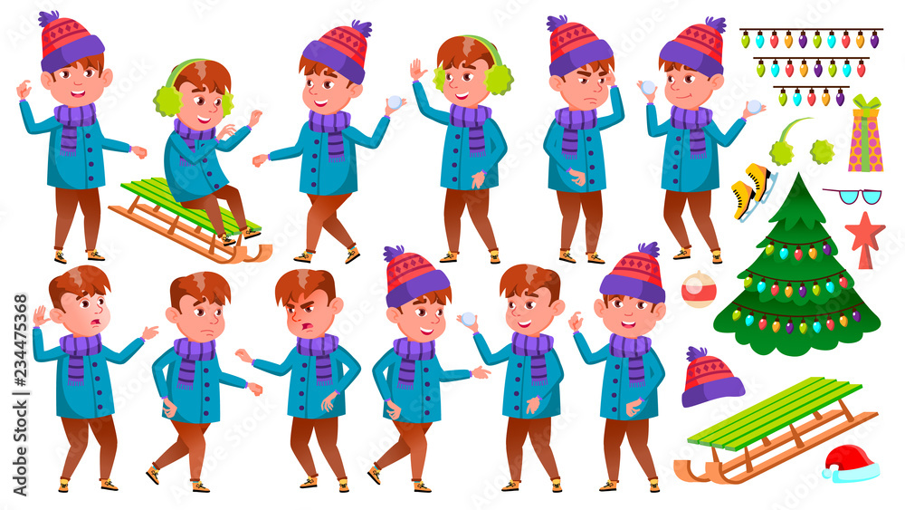 Boy Kid Poses Set Vector. Winter Holidays. Activity. Positive Child. For Postcard, Announcement, Cover Design. Isolated Cartoon Illustration Boy Kid Poses Set Vector. Winter Holidays. Activity. Positive Child. For Postcard, Announcement, Cover Design. Isolated Cartoon Illustration