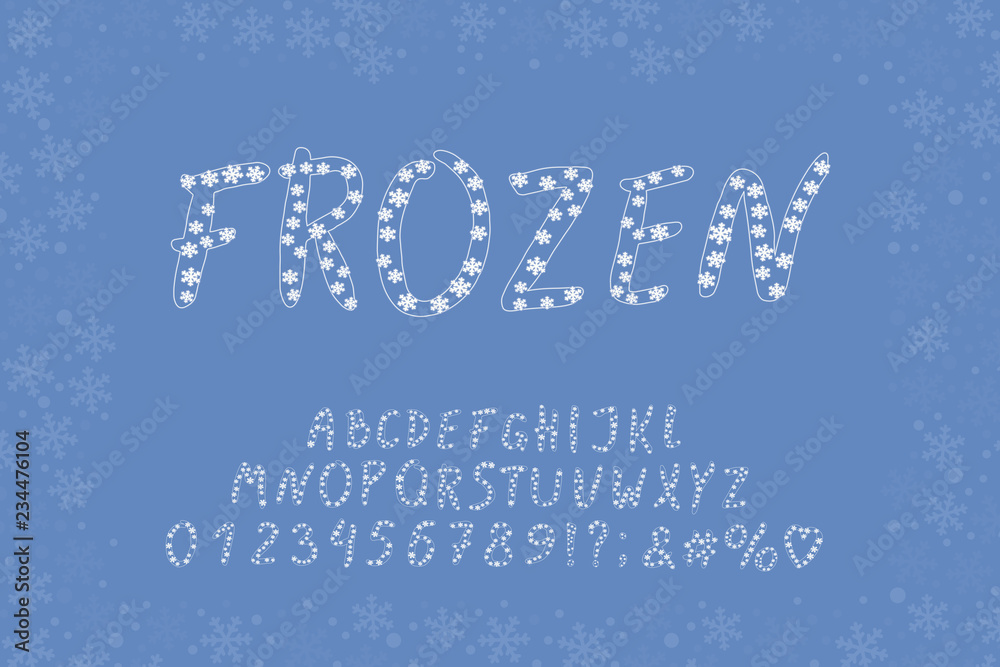 Alphabet frozen design. Hand brush font. Letters, numbers and punctuation marks. EPS 10