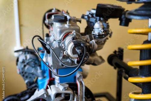 Close up view of internal combustion engine in driving school