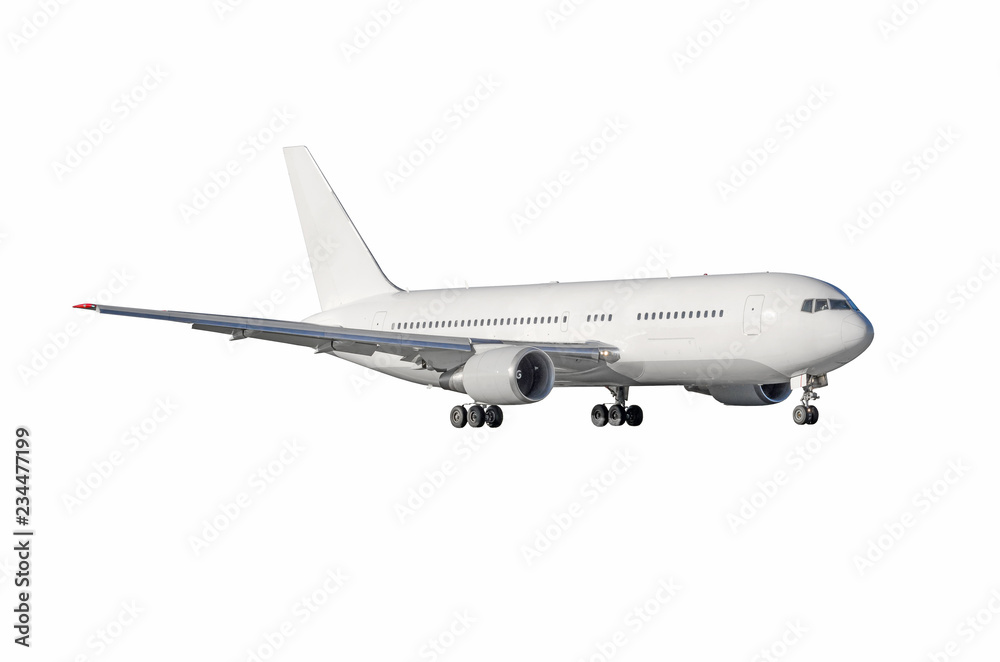 Jet airplane with ready landing gear isolated on white background.
