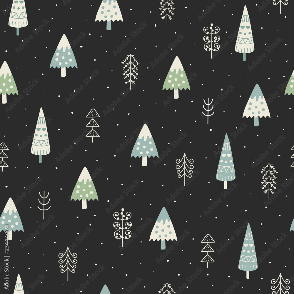 Cute Christmas trees and winter landscape seamless pattern. Cartoon background for kids. Vector illustration Cute Christmas trees and winter landscape seamless pattern. Cartoon background for kids. Vector illustration