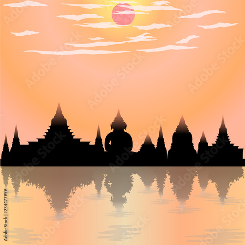 loy krathong festival temple silhouette buddha culture moon asia thailand night river siam sky religion vector illustration