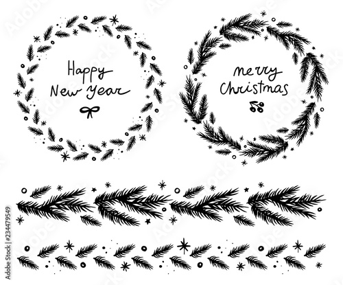 Christmas and New Year circle wreath and garland set. Black and white fir  branches, stars, berry and lettering