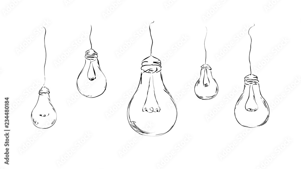 drawn light bulbs in minimalist style for background, interior, design, advertising, ideas, icons, web page. vector sketch