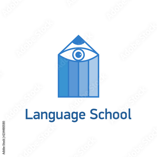 Vector logo template for language school. Illustration of pencil with eye. Education label, icon. EPS10. Creative design concept for linguistic or translation center, teacher.