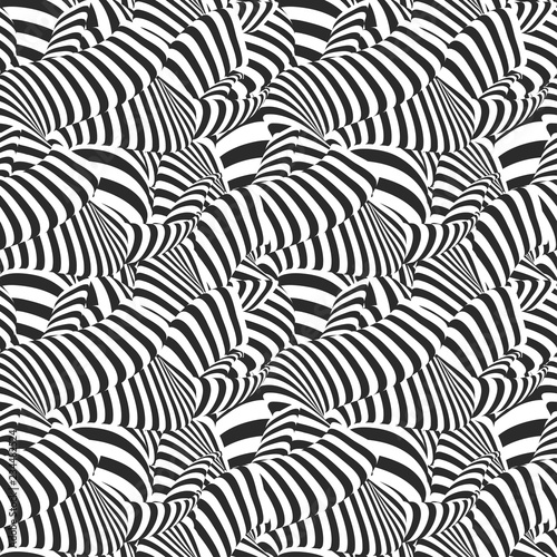 Black and white design. Abstract striped background. Optical illusion effect. Geometric tile in op art style. Vector illusive background, texture. Futuristic element, technologic design.