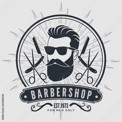Barber shop vintage label, badge, or emblem on gray background. Vector illustration