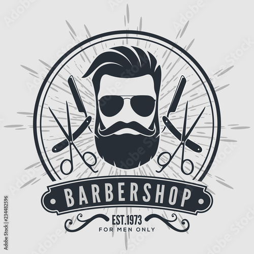 Barber shop vintage label, badge, or emblem on gray background. Vector illustration