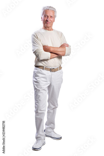 Full growth, senior man posing on white background