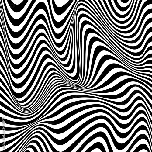 Black and white design. Abstract striped background. Optical illusion effect. Geometric tile in op art style. Vector illusive background, texture. Futuristic element, technologic design.
