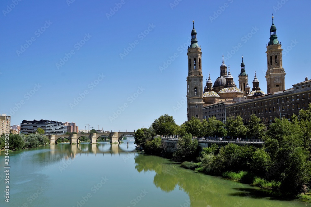 Look at the River Ebro and the Cathedral “ Pilar “, Zaragoza, Spain.