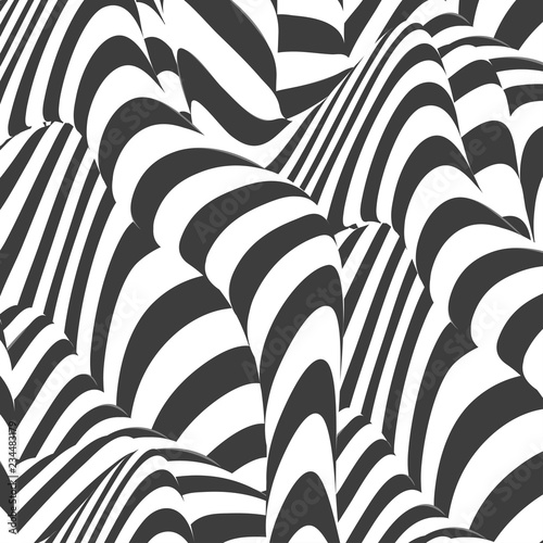 Black and white design. Abstract striped background. Optical illusion effect. Geometric tile in op art style. Vector illusive background, texture. Futuristic element, technologic design.