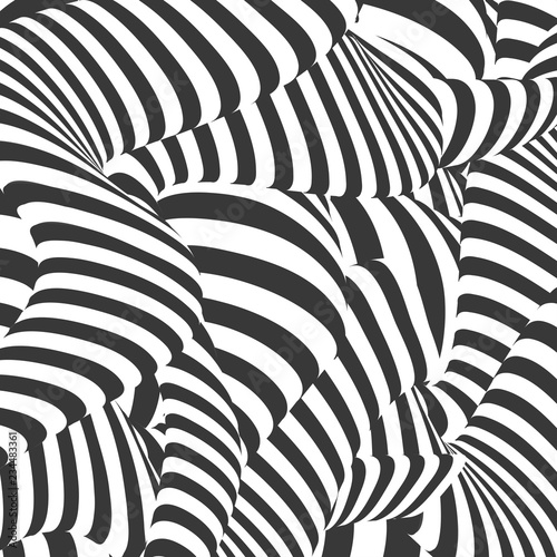 Black and white design. Abstract striped background. Optical illusion effect. Geometric tile in op art style. Vector illusive background, texture. Futuristic element, technologic design.