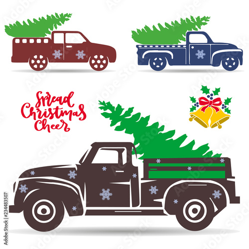 Set of holiday trucks that carry a Christmas tree. Silhouette Objects to decorate the design, on a white background,