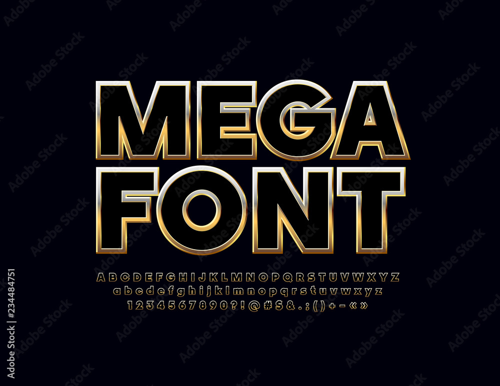 Vector bright Gold and Black Alphabet. Elegant set of beautiful Letters, Numbers and Symbols.