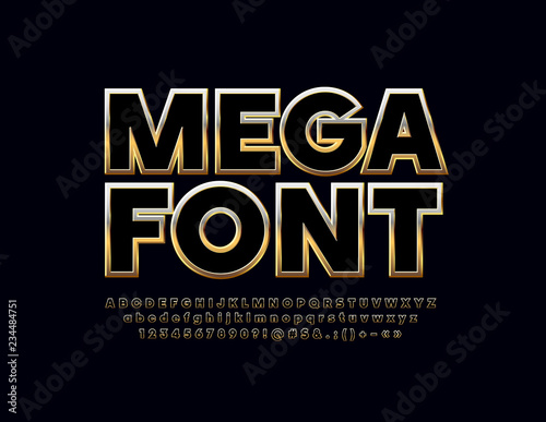 Vector bright Gold and Black Alphabet. Elegant set of beautiful Letters, Numbers and Symbols.