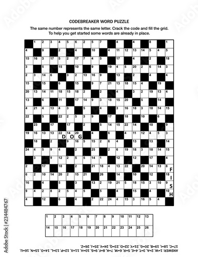 Puzzle page with codebreaker (codeword, code cracker) word game or crossword puzzle for grown-ups. General knowledge, some words already in place, medium level. Answer included.
