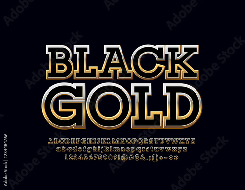 Vector Black Gold Alphabet Letters, Numbers and Symbols. Royal elegant Font.