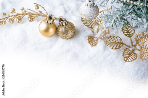 Merry Christmas.Christmas decoration with Gold ball on snow. photo