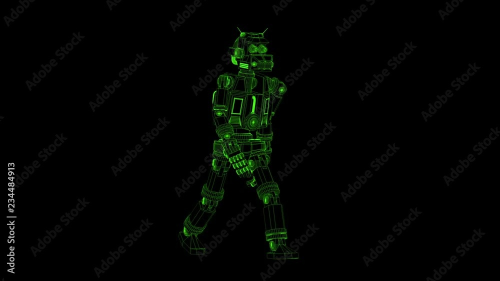 Wireframe Robot from the luminous contours as X-ray radiography is walk. 3d render looped animation Wireframe Robot from the luminous contours as X-ray radiography is walk. 3d render looped animation