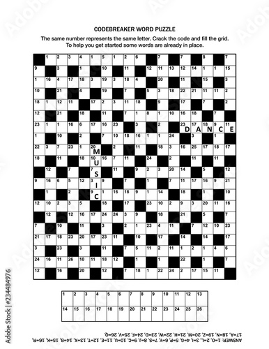 Puzzle page with codebreaker (codeword, code cracker) word game or crossword puzzle for grown-ups. General knowledge, some words already in place, medium level. Answer included.
