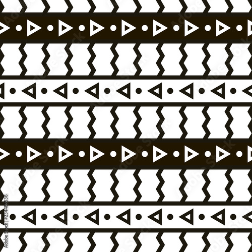 Monochrome vector seamless geometric pattern. Abstract background with vertical and horizontal zigzag lines and stripes, triangles and dots. Design element for decor, web, prints, digital, wrapping pa