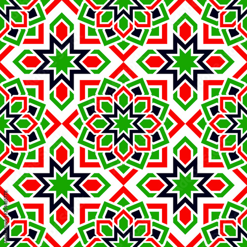 UAE seamless pattern. Arabic repeated background. Traditional emirates flag colors. Red, green, white, black. Islamic decorative design. Abstract template texture. Backdrop in eastern style.