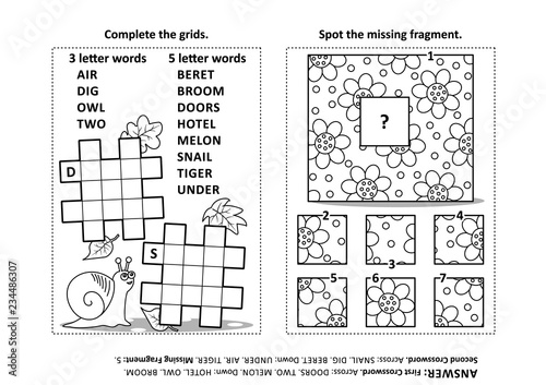 Activity page with two puzzles. Fill-in crossword puzzle or word game. Spot the missing fragment of the floral pattern. Black and white. Answers included.
