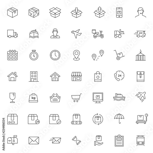 big set of cargo and delivery icons vector design with simple outline and modern style, editable stroke