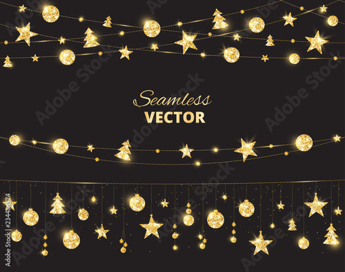Christmas golden decoration on black background. Holiday vector frame, border.