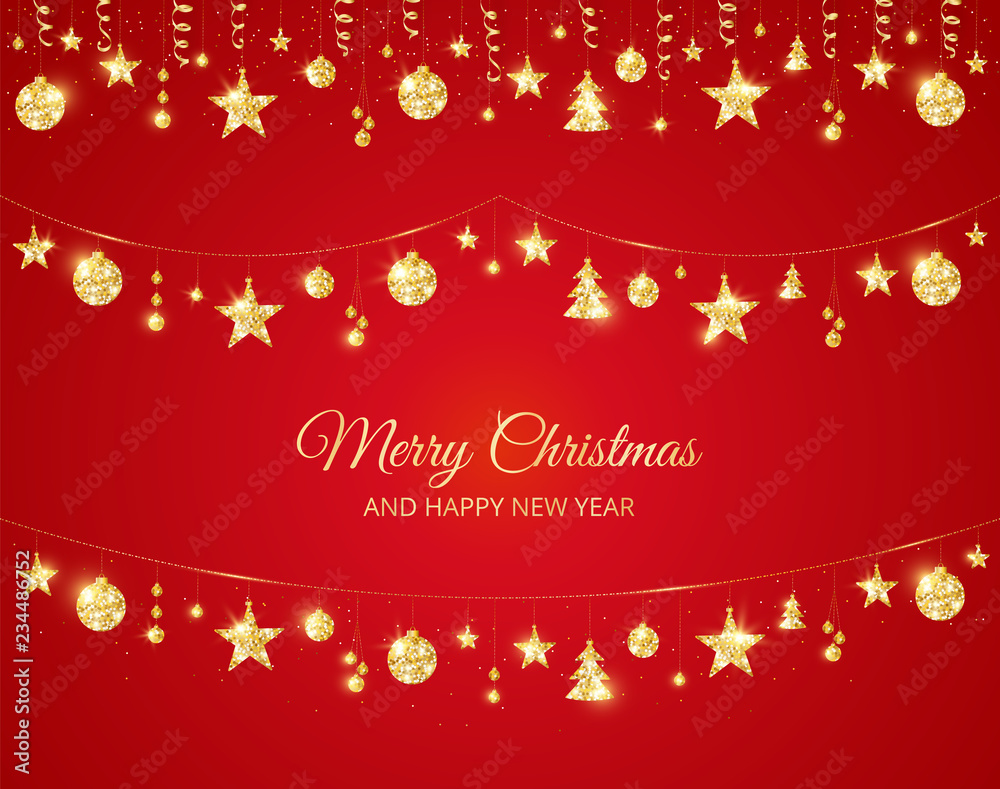 Christmas golden decoration on red background. Holiday vector frame, border.