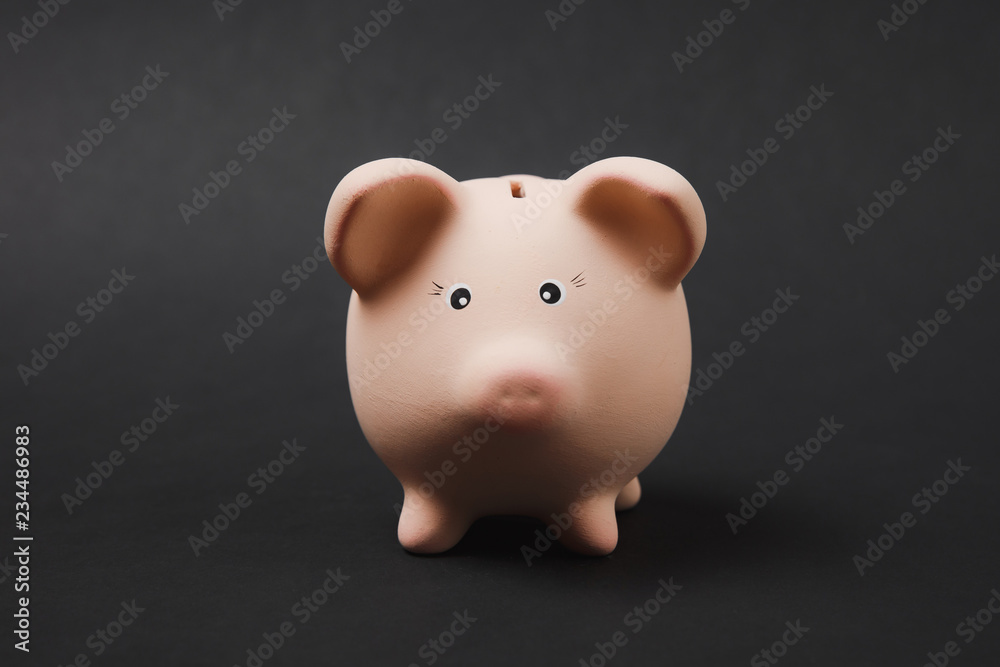 Close up photo of pink piggy money bank isolated on black wall background. Money accumulation, investment, banking or business services, wealth concept. Copy space advertising mock up.